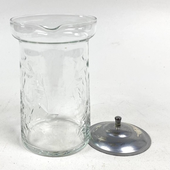 Depression Clear Glass Creamer with Metal Lid Etched Floral Vine - Picture 7 of 11
